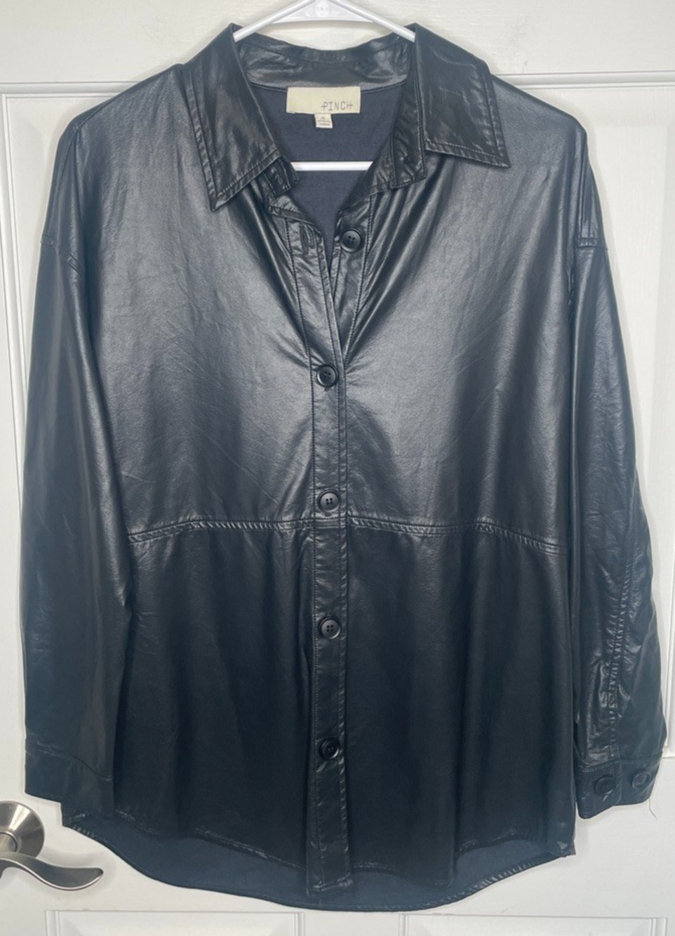 Pinch Women's Faux Leather Oversized Button Front Shirt Sz S Black Shacket Boho